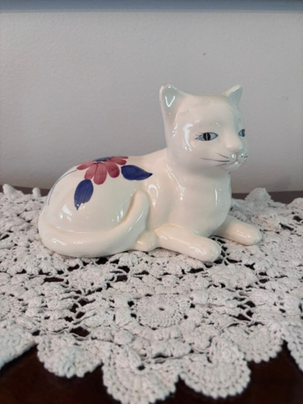 Vintage Shafford Japan Hand Painted Floral Ceramic Cat Figurine Mid Century